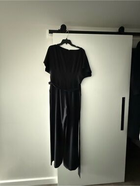 Eliza J Black Short-Sleeve Wide-Leg Jumpsuit with Waist Tie